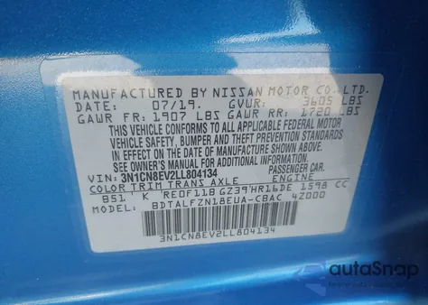 2020 Nissan Versa Sv Xtronic Cvt из США, поврежденный, VIN 3N1CN8EV2LL804134